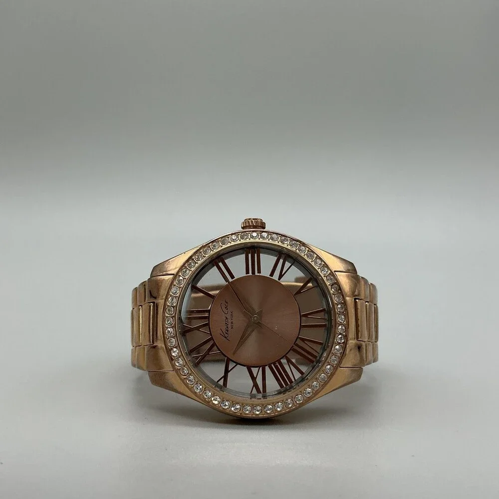 Kenneth Cole Womens Watch 40mm Rose Gold Dial Crystal Bezel New Battery 6.25